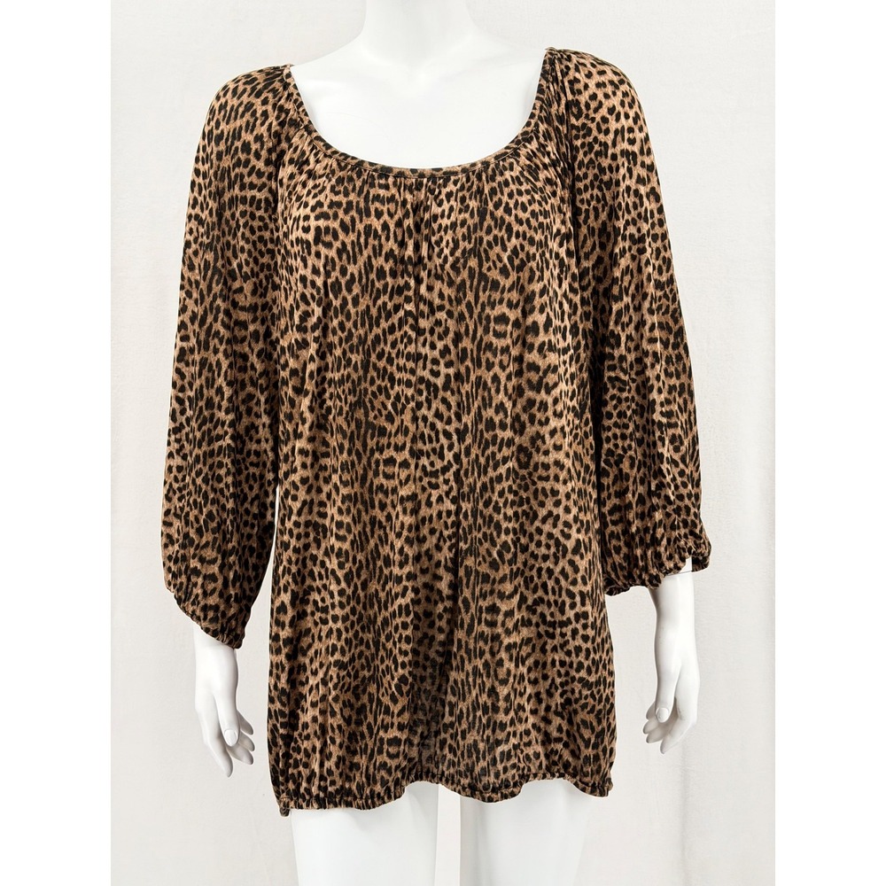 Michael Kors Top Womens 2X Brown Leopard Scoop Neck Sheer‎ Lightweight Mob Wife